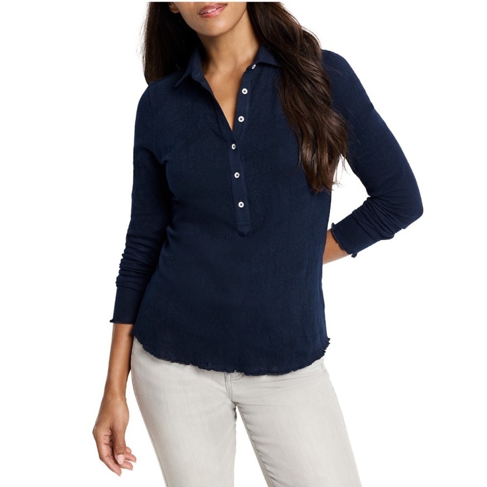 NIC+ZOE Dark Indigo Lace Knit Collared Henley Top W241088 SMALL